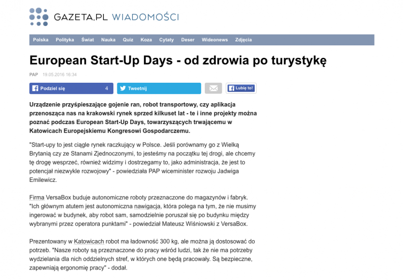 Artykuł z gazeta.pl - European Start-Up Days. Od zdrowia po turystykę.