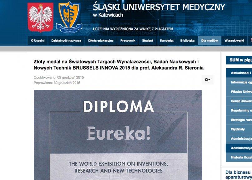 Śląski Uniwersytet Medyczny w Katowicach informuje o złotym medalu na światowych targach Wynalazczości, Badań Naukowych i Nowych technik BRUSSELS INNOWA 2015 dla prof. Sieronia